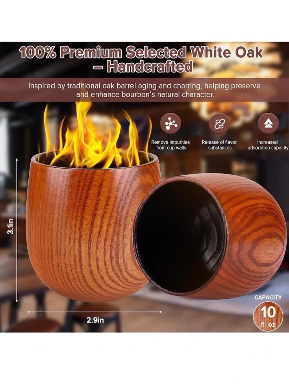 2 Handcrafted Charred Wooden Bourbon Whisky Tumblers with Stones - New in Box